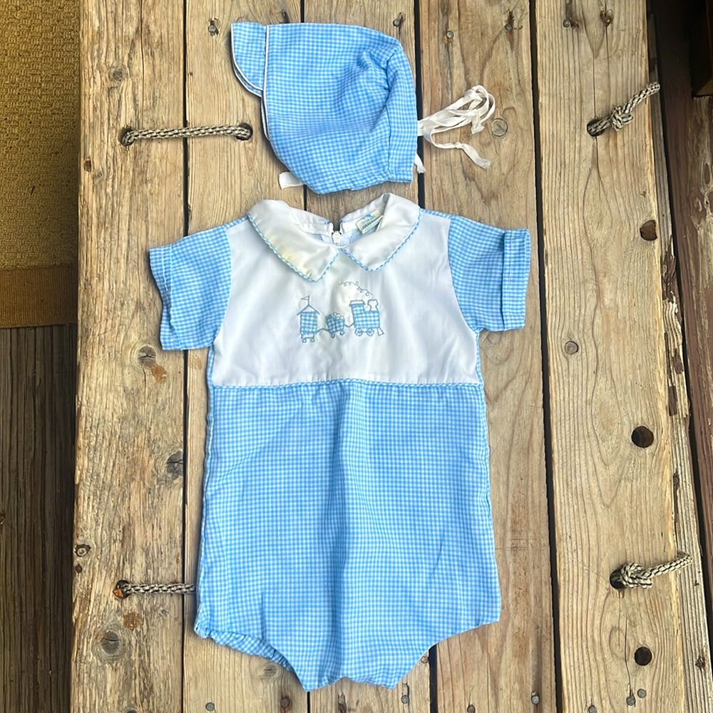Vintage Alexis Romper and Hat- Blue / White Gingham, Embroidered Trains 13-18lbs